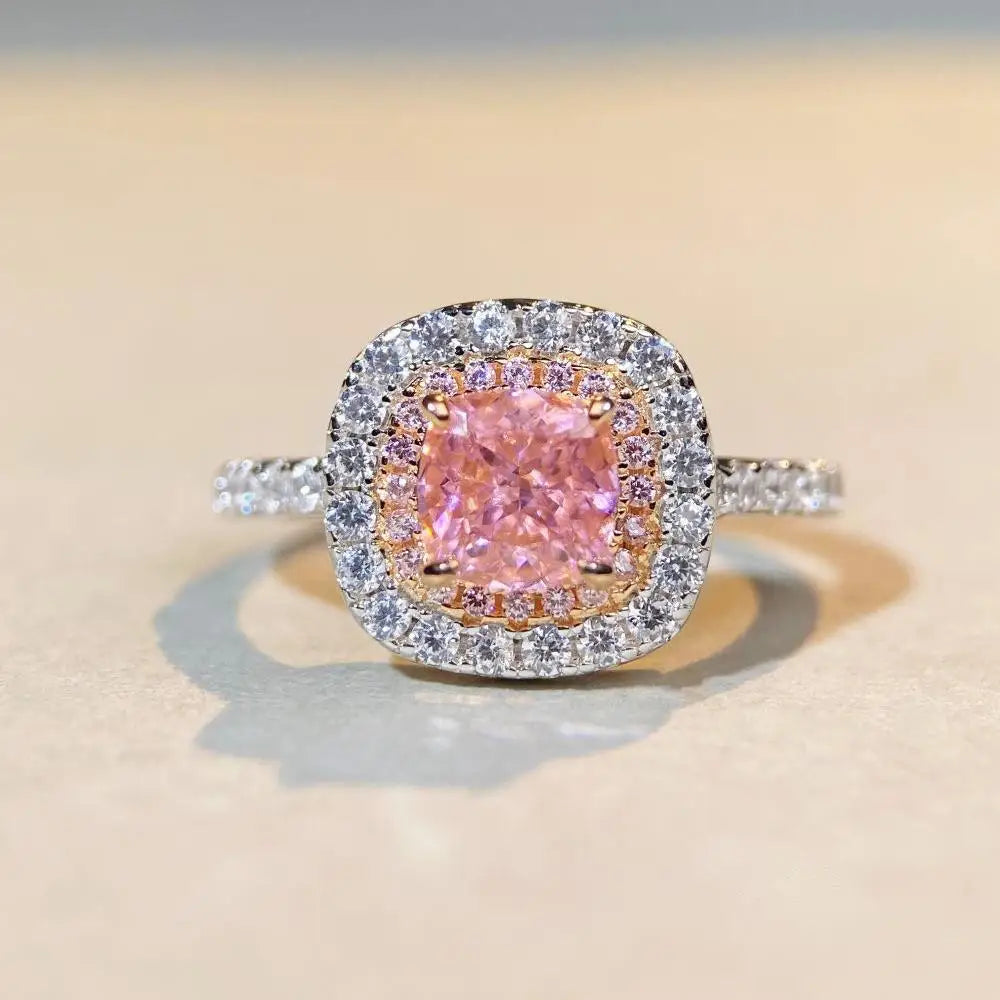 Exquisite PT950 Platinum Ring for Women – Pink Ice Square Center with Full Pavé Diamond Setting