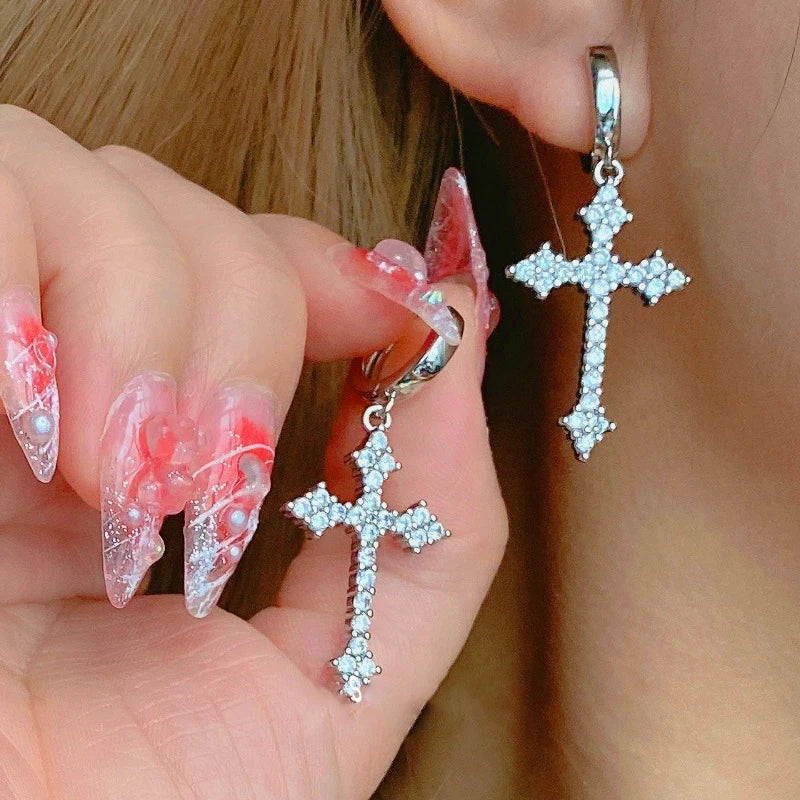 Y2K Gothic Cross Hoop Earrings – Rhinestone & Zircon Crystal Drop Design for Women