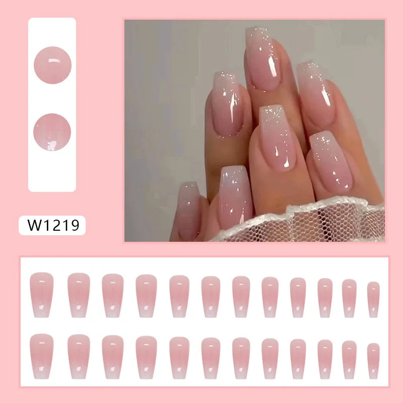 24pcs Pink Gradient Press-On Nails – Yellow Flower Design, Glossy Finish, Reusable Full Cover