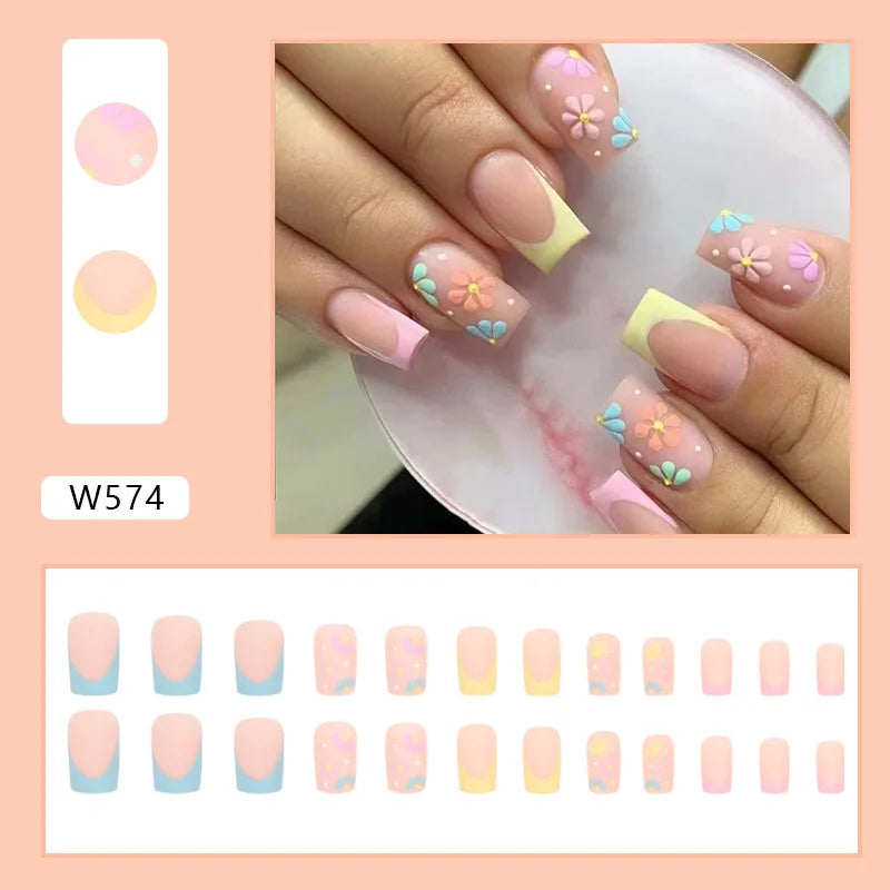 24pcs Pink Gradient Press-On Nails – Yellow Flower Design, Glossy Finish, Reusable Full Cover