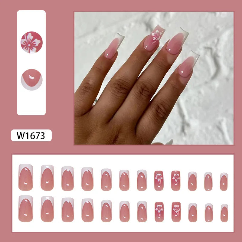 24pcs Pink Gradient Press-On Nails – Yellow Flower Design, Glossy Finish, Reusable Full Cover