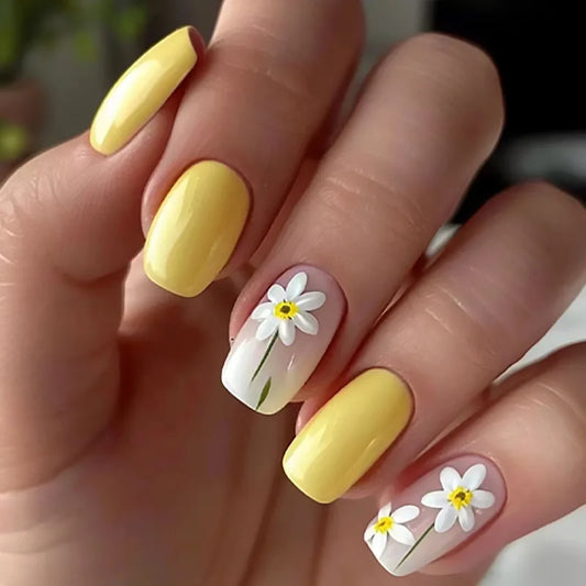24pcs Pink Gradient Press-On Nails – Yellow Flower Design, Glossy Finish, Reusable Full Cover